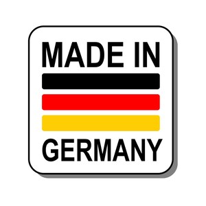 May include: A white square label with black text that reads "MADE IN GERMANY". The label features the German flag colors: black, red, and yellow.
