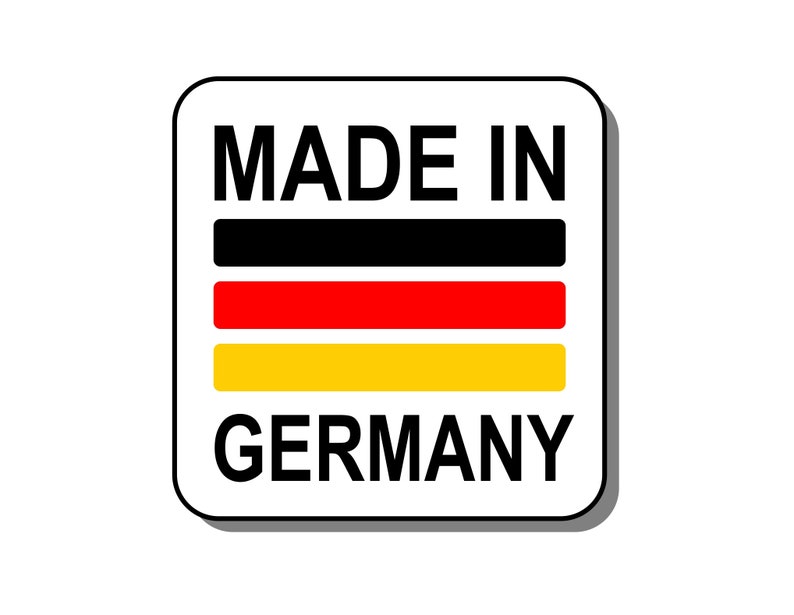 May include: A white square label with black text that reads "MADE IN GERMANY". The label features the German flag colors: black, red, and yellow.