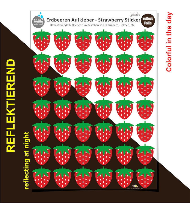 May include: A sheet of 36 red and green strawberry stickers. The stickers are reflective and can be used on bicycles, helmets, and other items. The text on the sheet reads "Erdbeeren Aufkleber - Strawberry Sticker" and "Reflektierende Aufkleber zum Bekleben von Fahrr&auml;dern, Helmen, etc."