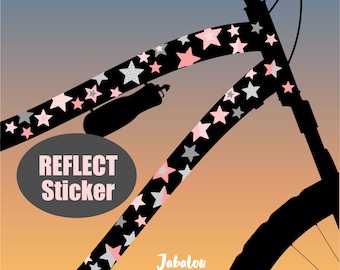 May include: Black bicycle frame with pink, gray, and white star stickers. The text "Reflect Sticker" is on a gray oval. The text "Jabalou" is on the bottom right corner of the image.