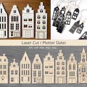 May include: Laser cut file design for a set of nine wooden houses. The houses are in a variety of styles, with some having windows and doors, while others have more intricate details. The design is perfect for creating decorative wall art or ornaments.