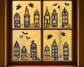 Halloween Houses Silhouette SVG DXF Plotter File | Window Image Pumpkin Ghosts Bats | City Backdrop Plotting