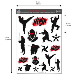May include: A sheet of 12 black and red ninja stickers, measuring 30 cm by 21 cm. The stickers feature ninjas in various poses, throwing stars, and the word "Ninja" in red.