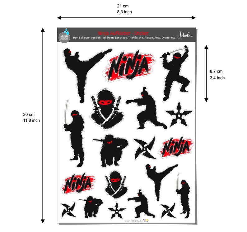 May include: A sheet of 12 black and red ninja stickers, measuring 30 cm by 21 cm. The stickers feature ninjas in various poses, throwing stars, and the word "Ninja" in red.