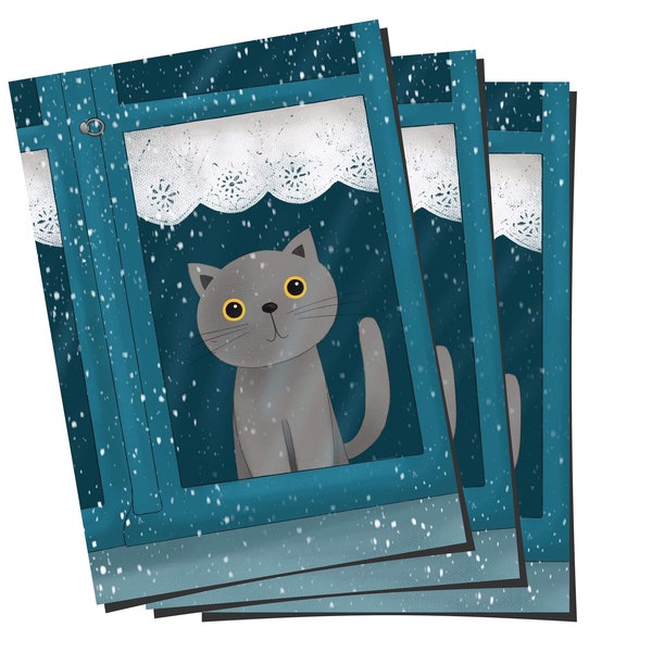 Postcards - Set of 3 pieces, cat winter card, Merry Christmas Abby cat, cat postcards, postcard cat Christmas