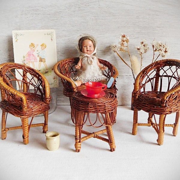 Puppenmöbel Rattan, Tisch, Bank, Stühle, Puppe, doll furniture, table, chair