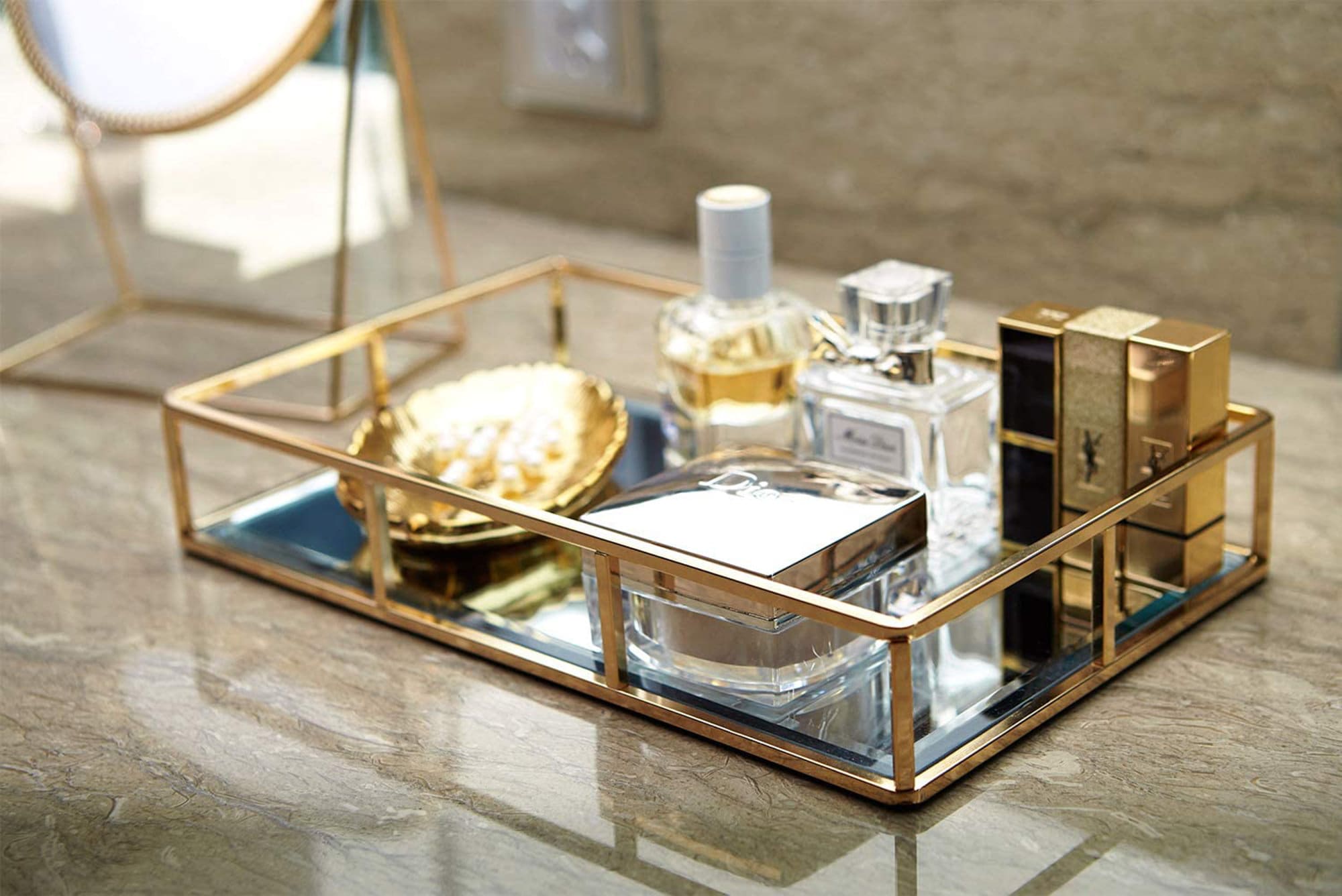 Small Elegant Decorative Resin Tray With Gold Clear Handles