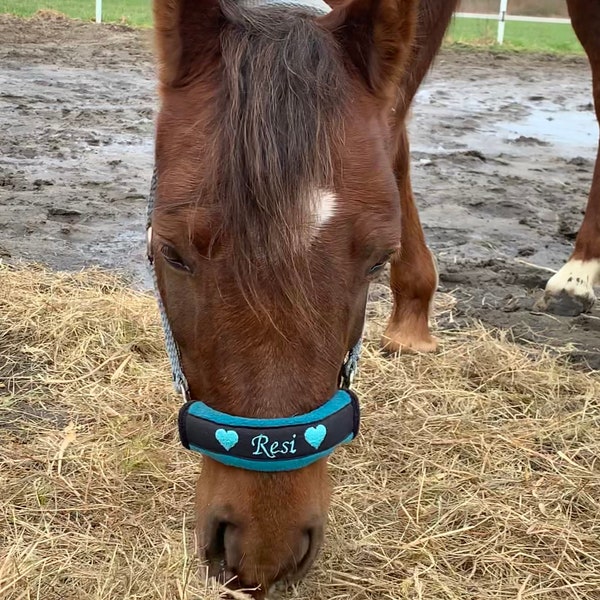 Noseband Name und Herzen — Halfterschoner aus Fleece mit Klettverschluss - Pony - Cob - Warmblut ein tolles Reitergeschenk