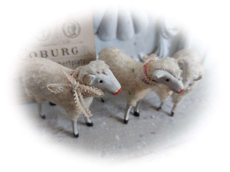 No5 antique RAR Trois moutons en laine Thuringe Allemagne Trude, Leni & Anton Schaf Sheep image 3