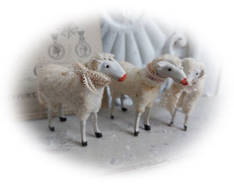 No5 *antique* RAR Trois moutons en laine Thuringe Allemagne Trude, Leni & Anton Schaf Sheep