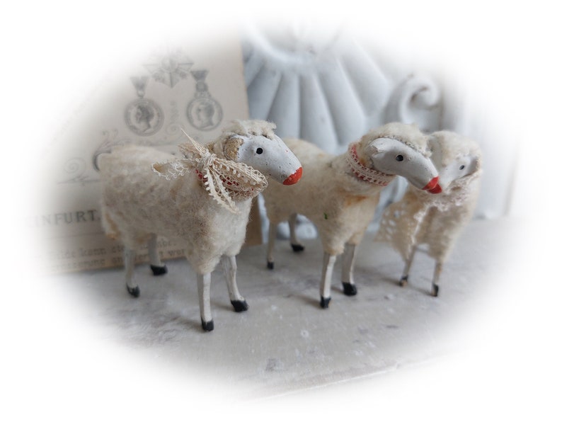 No5 antique RAR Trois moutons en laine Thuringe Allemagne Trude, Leni & Anton Schaf Sheep image 1