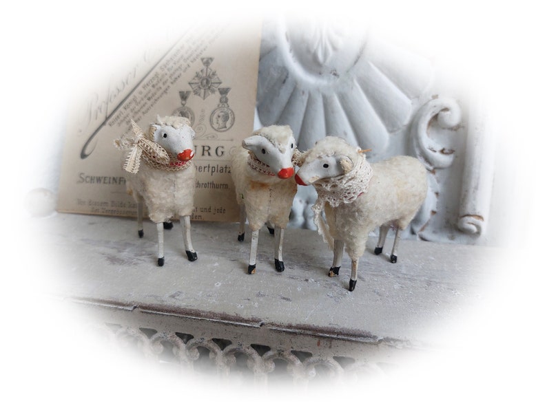 No5 antique RAR Trois moutons en laine Thuringe Allemagne Trude, Leni & Anton Schaf Sheep image 4