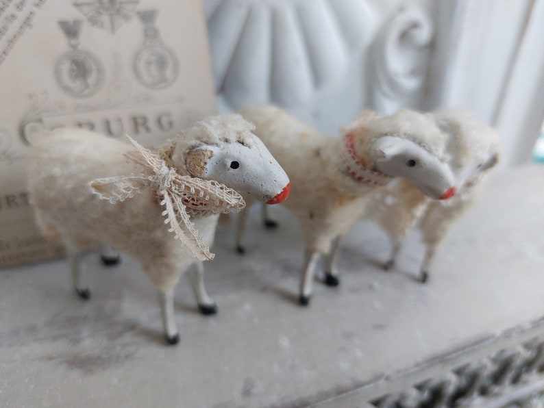 No5 antique RAR Trois moutons en laine Thuringe Allemagne Trude, Leni & Anton Schaf Sheep image 2