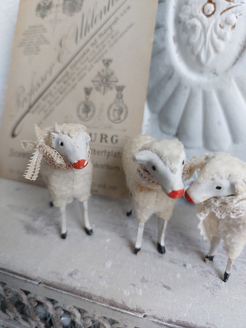 No5 antique RAR Trois moutons en laine Thuringe Allemagne Trude, Leni & Anton Schaf Sheep image 7