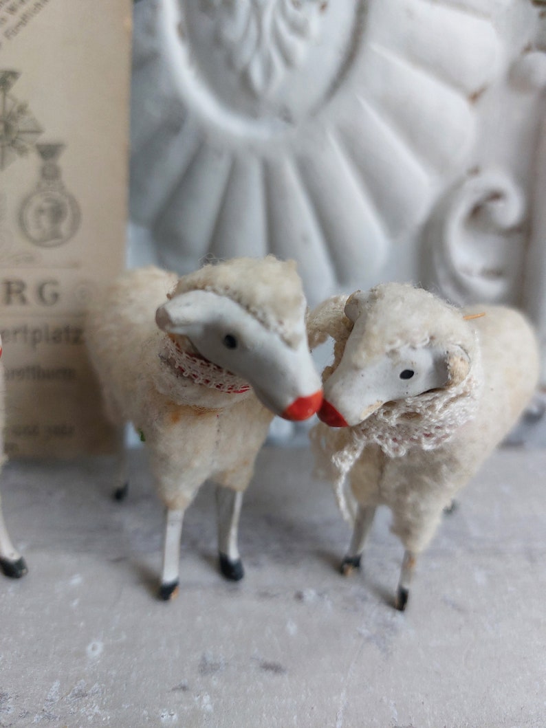 No5 antique RAR Trois moutons en laine Thuringe Allemagne Trude, Leni & Anton Schaf Sheep image 8