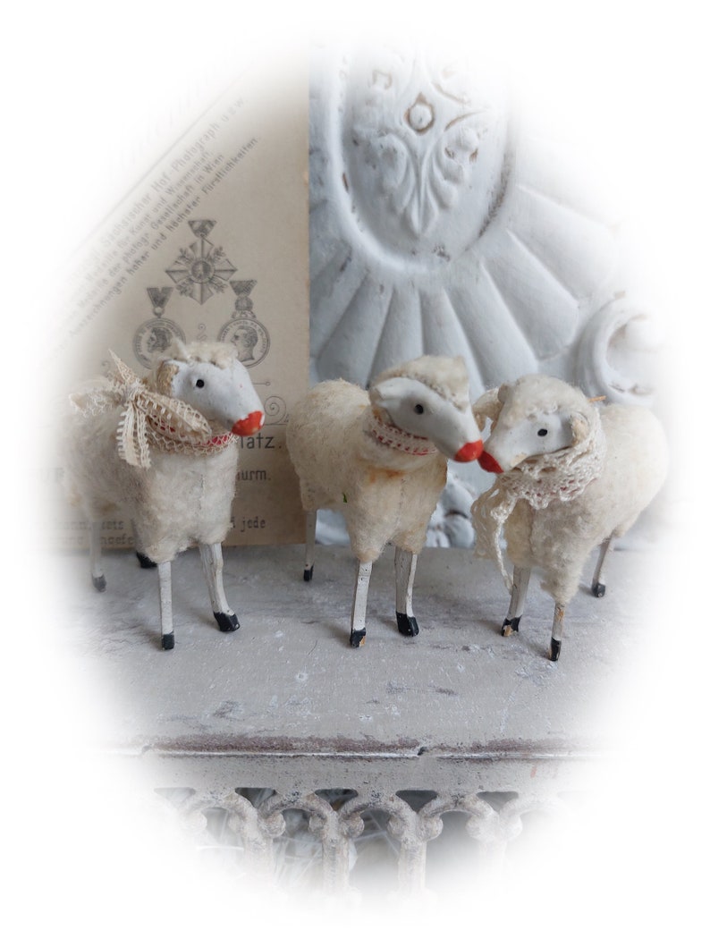 No5 antique RAR Trois moutons en laine Thuringe Allemagne Trude, Leni & Anton Schaf Sheep image 5