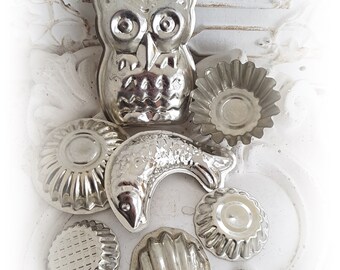 Anciens moules à pâtisserie et chocolat moule coquillage hibou métal set 1