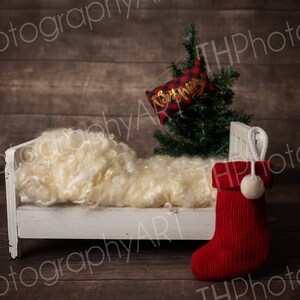 Newborn Digital Backdrop, Composite, Digital Background, Digital Prop, White Wood Bed, Christmas, Neutral, Boy, Girl, Tree, Dark Wood