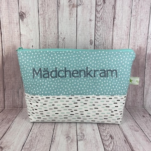 Kosmetiktasche personalisiert, Mädelskram Tasche, Kulturtasche, Geschenk Mädchen, Kulturbeutel Mädchenkram, Schlampermäppchen türkis grau,