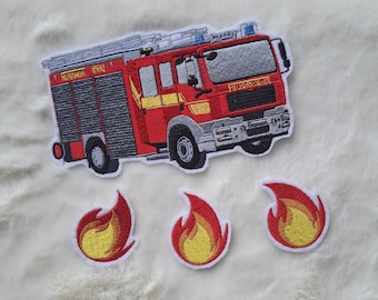 Iron-on transfer with embroidered fire truck for school cones