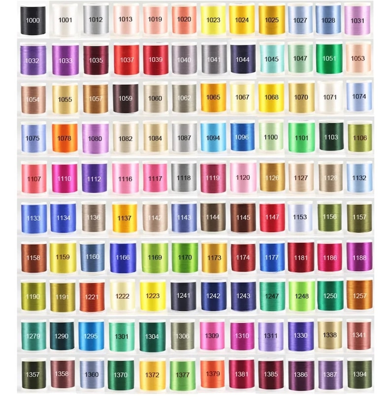 May include: A chart of 144 spools of embroidery floss, organized in rows and columns. The spools are numbered from 1000 to 1394. The floss is in a variety of colors, including red, blue, green, yellow, orange, purple, pink, brown, black, and white.