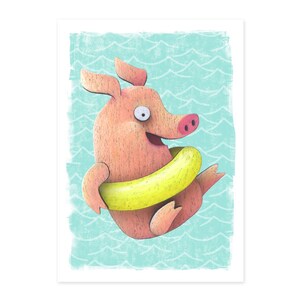 A6 Postkarte Schwein mit Schwimmreifen Arschbombe