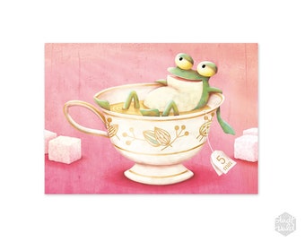 Carte postale A6 grenouille tasse de thé pause thé