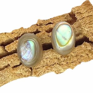 Könnte beinhalten: Ein Paar ovale Ohrstecker mit Einlagen aus irisierendem Abalone-Muschelmaterial, die in glatte, helle, kreisförmige Fassungen eingefasst sind. Die Mitte jedes Ohrrings zeigt eine schimmernde, mehrfarbige Oberfläche mit grünen und blauen Farbtönen.
