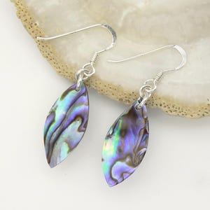 Op de afbeelding: Hangende oorbellen met druppelvormige hangers van iriserende abalone schelp. De oorbellen hebben oorhaken en verbindingsschakels van sterling zilver. De abalone schelpen tonen een mix van blauwe, paarse, groene en bruine kleuren, met een wervelend patroon.