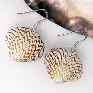 May include: A pair of dangle earrings featuring natural seashells with a distinct brown zigzag pattern. Each shell is attached to a silver-toned metal hook wire, allowing the shells to hang freely. The shells have a smooth, polished surface.