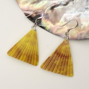Pode incluir: Um par de brincos triangulares amarelos e marrons com ganchos de prata. Os brincos são feitos de um material natural que tem um padrão estriado.