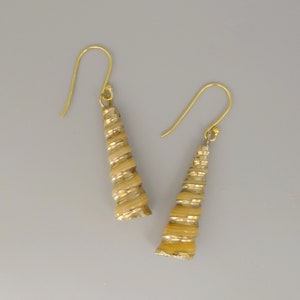 Op de afbeelding: Een paar gouden oorbellen met een schelpdesign. De schelpen zijn lichtbruin van kleur en hebben een spiraalvormig patroon.