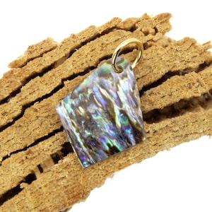 Könnte beinhalten: Ein goldener Anhänger mit einem schillernden Perlmutt-Anhänger aus Abalone. Die Muschel hat ein blaues, grünes und violettes Farbmuster.