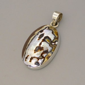 Op de afbeelding: Een zilveren hanger met een ovale inleg van abalone-schelp. De schelp heeft een bruin en wit iriserend patroon.