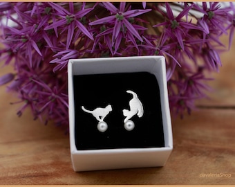 Stud earrings cats with pearls silver