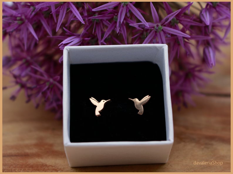 Stud earrings hummingbird bird of paradise rose rose gold image 2