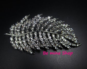 Brosche Anstecknadel Strass Feder Blatt silber