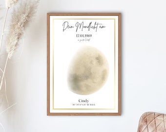 Digitales Poster A4: Personalisiertes Geburtsmond-Plakat zum herunterladen und ausdrucken mit Abbildung der Mondphase in deutscher Sprache