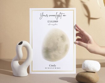 Digitales Poster A4 in englisch: Personalisiertes Geburtsmond-Plakat zum herunterladen und ausdrucken mit Abbildung der Mondphase
