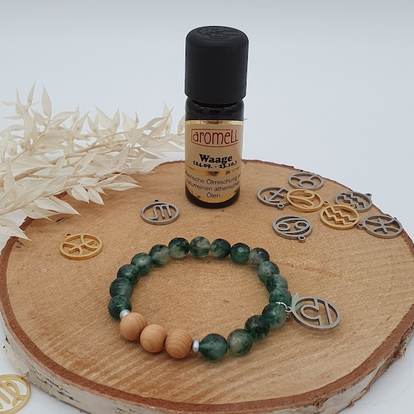 Aroma Sternzeichen Geschenkset bestehend aus Perlenarmband mit Sandelholzperlen als Diffuser und Mineraliensteinen sowie passendes Duftöl