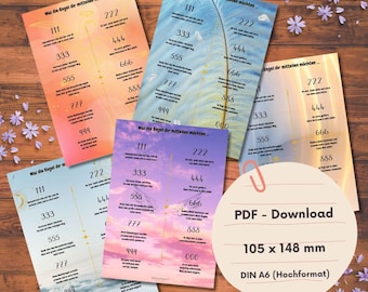 Digitales 5er Postkartenset: Engelszahlen mit Definition in Deutsch (5 Designs) zum herunterladen im Hochformat