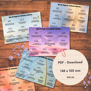 Digitales 5er Postkartenset: Engelszahlen mit Definition in Deutsch (5 Designs) zum herunterladen im Querformat