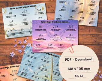 Digitales 5er Postkartenset: Engelszahlen mit Definition in Deutsch (5 Designs) zum herunterladen im Querformat