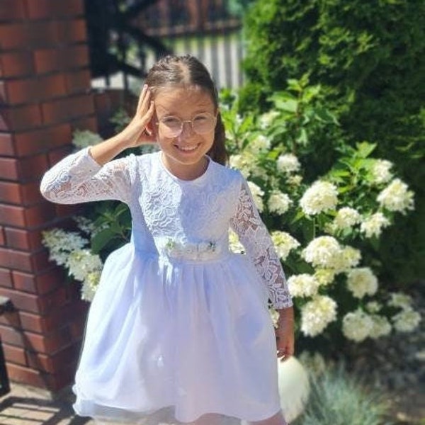 Dress for girl, Lace Flower Girl Dress,White Lace Flower girl Dress, Rustic Boho Lace Tulle flower girl dress, Communion dress