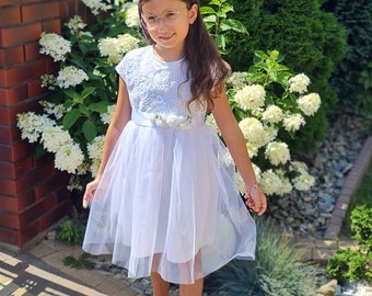 Dress for girl, Lace Flower Girl Dress,White Lace Flower girl Dress, Rustic Boho Lace Tulle flower girl dress, Communion dress