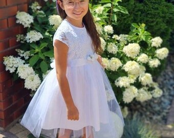 Dress for girl, Lace Flower Girl Dress,White Lace Flower girl Dress, Rustic Boho Lace Tulle flower girl dress, Communion dress