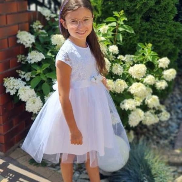 Dress for girl, Lace Flower Girl Dress,White Lace Flower girl Dress, Rustic Boho Lace Tulle flower girl dress, Communion dress