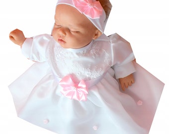 Dress satin christening Cotton Dress for baptism with headband lace