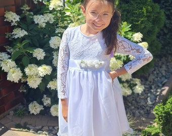 Dress for girl, Lace Flower Girl Dress,White Lace Flower girl Dress, Rustic Boho Lace Tulle flower girl dress, Communion dress