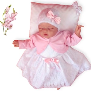 Taufset, TAUFKLEID aus Spitze, Spitzenhut, Bolero, ensemble de baptême, ROBE DE BAPTÊME en dentelle, chapeau en dentelle, boléro
